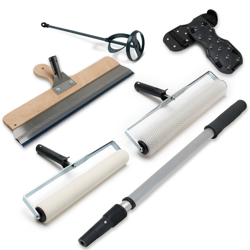 Bodenbeschichtung Werkzeug Set – Stehrakel, Entlüftungswalze, Nagelschuhe & Farbwalze